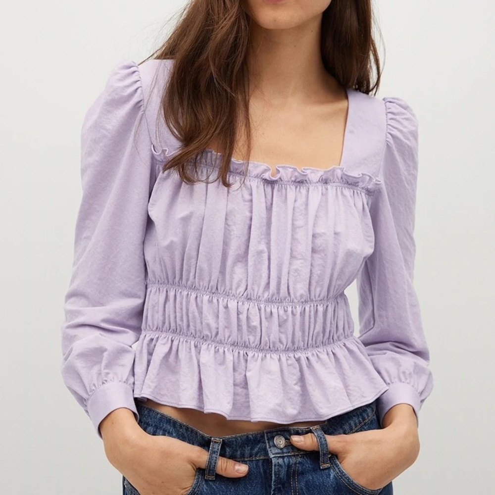 NWT MANGO Self Design Purple Smocked Cinched Waist Sustainable Top